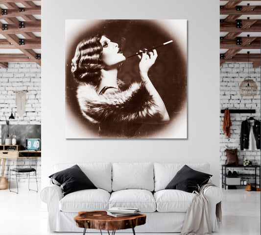 Beautiful Woman Retro Flapper Style Sepia Roaring 20s Vintage Affordable Canvas Print Artesty 1 Panel 12"x12"