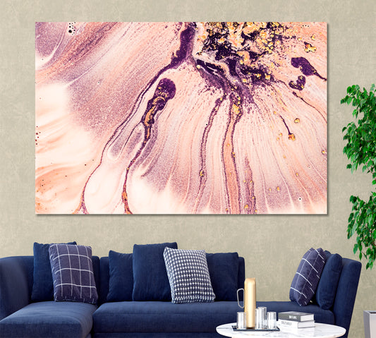 Pink Pale Rosette Gentle Romantic Marble Pattern Fluid Art, Oriental Marbling Canvas Print Artesty