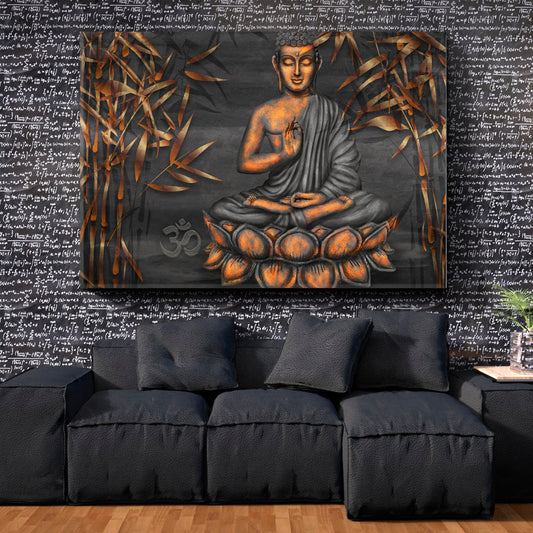 Golden Buddha Lotus Pose Om Symbol Bamboo Religious Modern Art Artesty 1 panel 24" x 16"