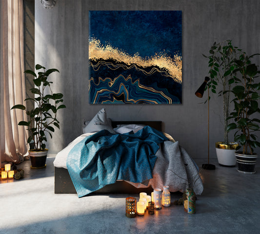 Navy And Gold Veins Abstract Marble Stone Effect Canvas Print - Square Abstract Art Print Artesty