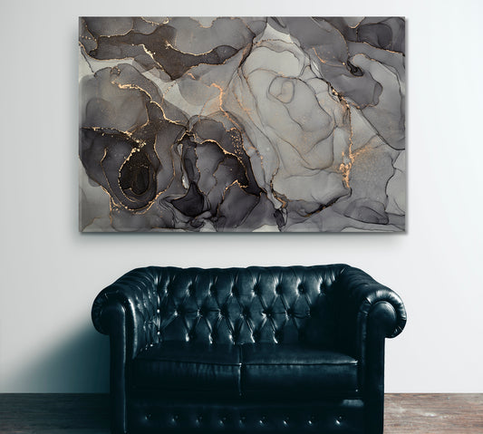 Black Gray Marble Alcohol Ink Stains Translucent Waves Fluid Art, Oriental Marbling Canvas Print Artesty 1 panel 24" x 16"