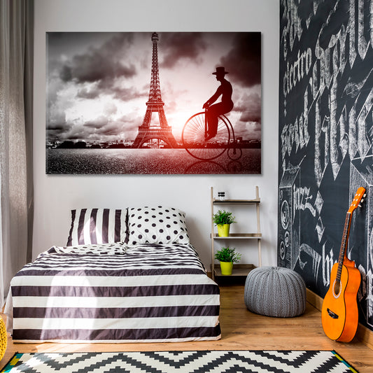 Man on a Retro Bicycle Eiffel Tower Paris France Black & White Vintage Canvas Print Vintage Affordable Canvas Print Artesty