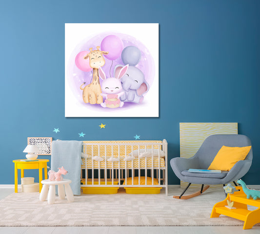 Cute Little Giraffe Rabbit and Elephant Sweet Kids Baby Nursery Art Print | Square Panel Kids Room Canvas Art Print Artesty