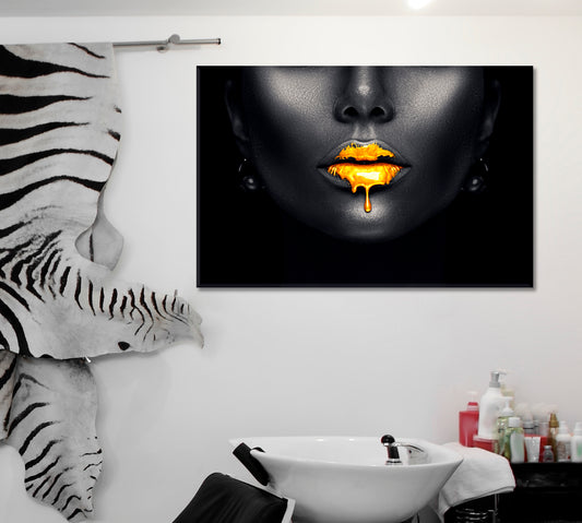 Golden Lips On Black Skin Make-up Beautiful Model Lip Gloss Dripping Beauty Salon Artwork Prints Artesty 1 panel 24" x 16"