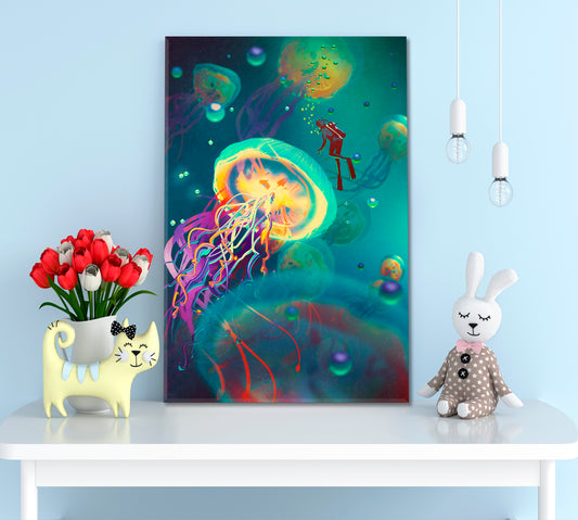 Big Jellyfish and Diver Fantasy Underwater Surreal Fantasy Large Art Print Décor Artesty