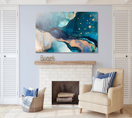 MARBLE VEINING Translucent Blue Fluid Art Golden Veins Suminagashi Office Wall Art Canvas Print Artesty