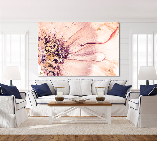 MARBLE Luxury Coral Colors Golden Powder Contemporary Fluid Art, Oriental Marbling Canvas Print Artesty