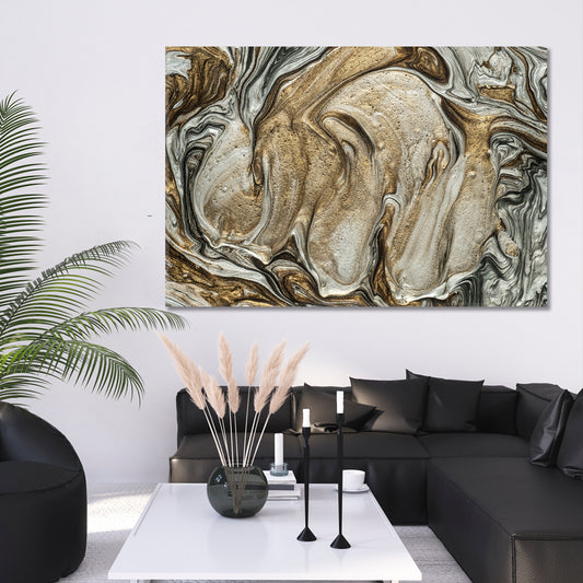 EBRU Golden Glossy Effect Grey Brown Marble Abstract Pattern Modern Fluid Art, Oriental Marbling Canvas Print Artesty