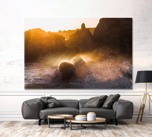 CLIFF Waves crashing on Rocks in Sunlight Nature Wall Canvas Print Artesty 1 panel 24" x 16"