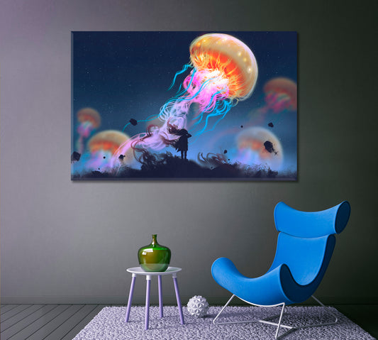 Giant Jellyfish Floating in Sky And Girl Surreal Painting Surreal Fantasy Large Art Print Décor Artesty