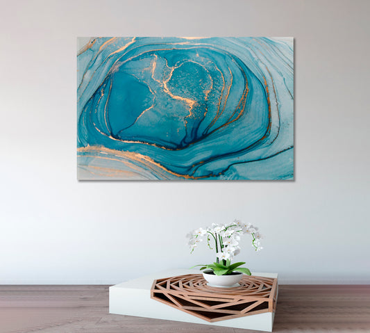 INSPIRED BY AEGEAN SEA Cerulean Hues Marble Abstract Fluid Ink Pattern Fluid Art, Oriental Marbling Canvas Print Artesty