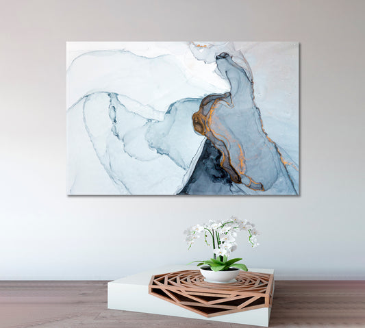 Ink Veins Pattern Abstract Design Soft Gray Blue Colors Fluid Art, Oriental Marbling Canvas Print Artesty