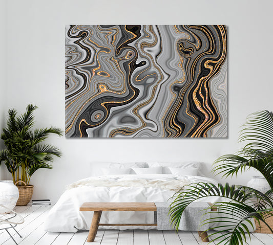 Abstract Gray & Golden Veins Marble Giclée Print Fluid Art, Oriental Marbling Canvas Print Artesty 1 panel 24" x 16"