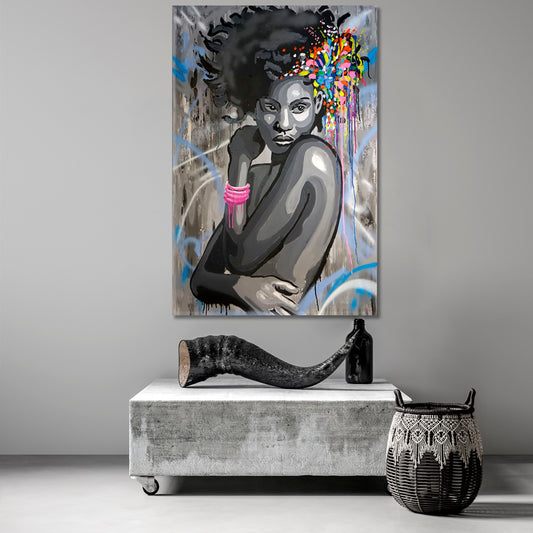 HAIRSTYLE African Beautiful Women Abstract Drip Art Graffiti Style - Vertical Contemporary Art Artesty