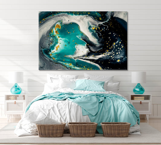 TURQUOISE DARK GRAY Metallic Steel Effect Abstract Pour Marble Liquid Fluid Art, Oriental Marbling Canvas Print Artesty