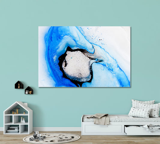 OIL STAINS Beautiful Abstract Dark Blue Mixed Acrylic Marble Fluid Art, Oriental Marbling Canvas Print Artesty