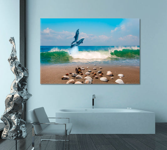 DOLPHINS | Dolphins Group Jumping Sea Wave Beautiful Seascape Blue Sky Canvas Print Nautical, Sea Life Pattern Art Artesty 1 panel 24" x 16"