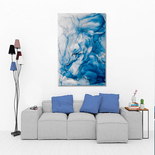 Sky Blue Ink Abstract Marble Modern Fluid Art - Vertical Fluid Art, Oriental Marbling Canvas Print Artesty