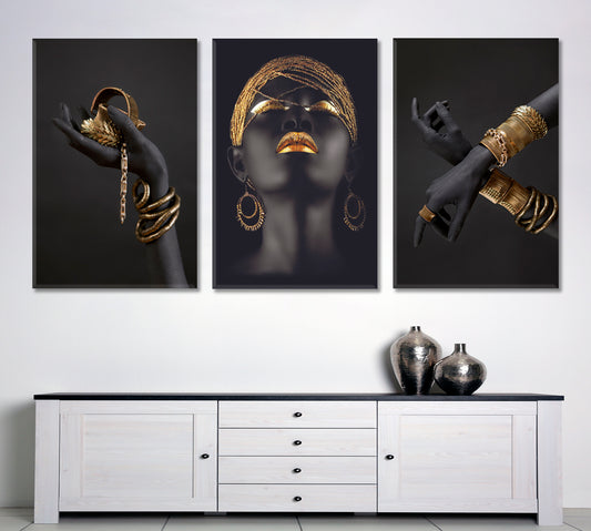 Black Woman Hand Gold High Fashion Art Luxury SET 3 Vertical Panels Abstract Art Print Artesty