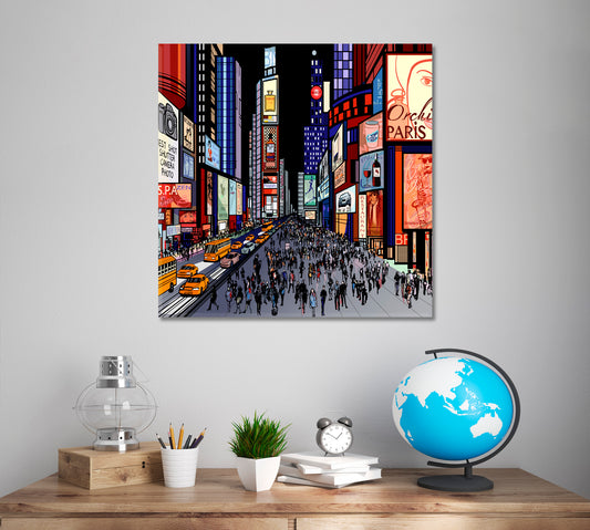 NY Famous Yellow Cab Taxi Busy Time Square in Manhattan Trendy Art Cities Wall Art Artesty