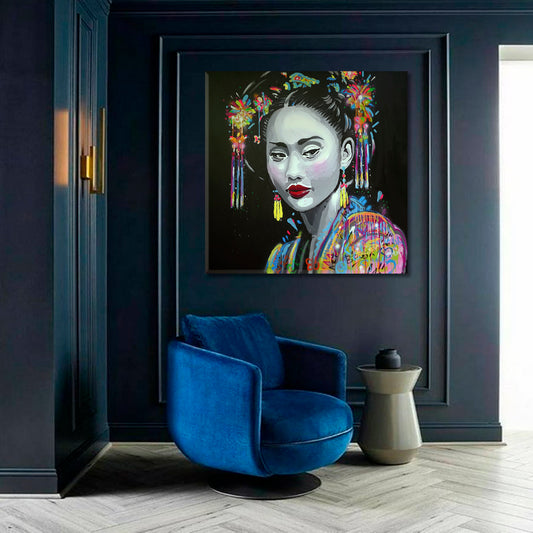 JAPANESE BEAUTY Beautiful Traditional Asian Girl Grunge Modern Style Canvas Print - Square Asian Style Canvas Print Wall Art Artesty 1 Panel 12"x12"