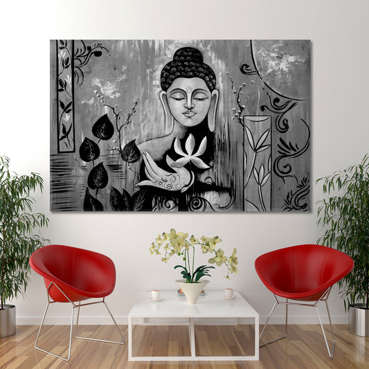 Spiritual Lord Buddha Meditate Black & White Religious Modern Art Artesty 1 panel 24" x 16"