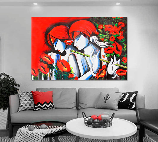 Abstract Vivid Lord Radha Krishna with Flute Religious Modern Art Artesty 1 panel 24" x 16"