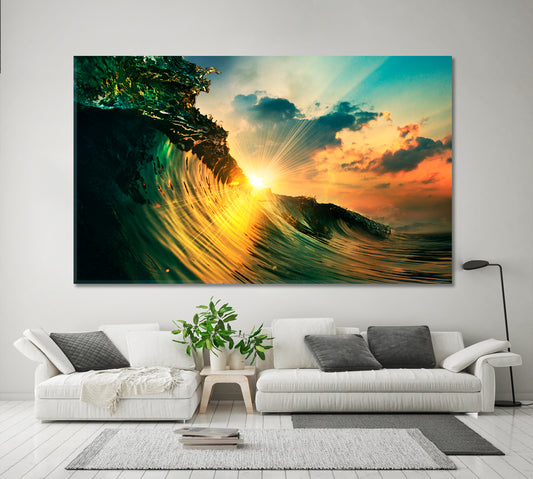 Ocean Wave Falling Down Sunset Time Nautical, Sea Life Pattern Art Artesty 1 panel 24" x 16"