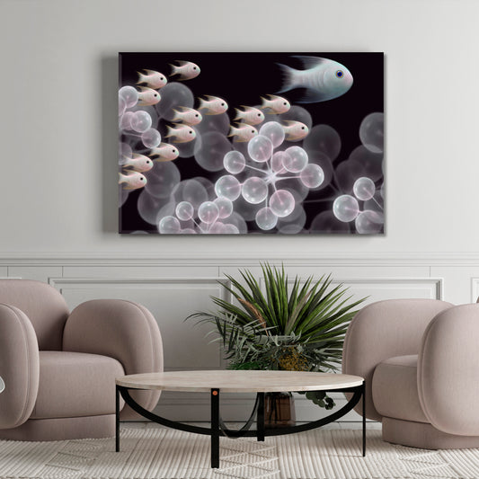 INNER UNIVERSE Live Organism Molecules And Schooling Fish Abstract Fantasy Nautical, Sea Life Pattern Art Artesty