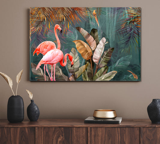 Flamingo And Tropical Jungle Rainforest Pattern Poster Tropical, Exotic Art Print Artesty