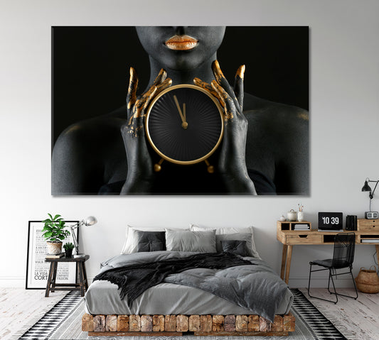 TIME FOR BEAUTY Beautiful Woman & Clock Black Gold Paint Beauty Salon Artwork Prints Artesty