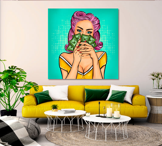 Pretty Woman with Money Comic Retro Poster Pop Art Canvas Print Artesty