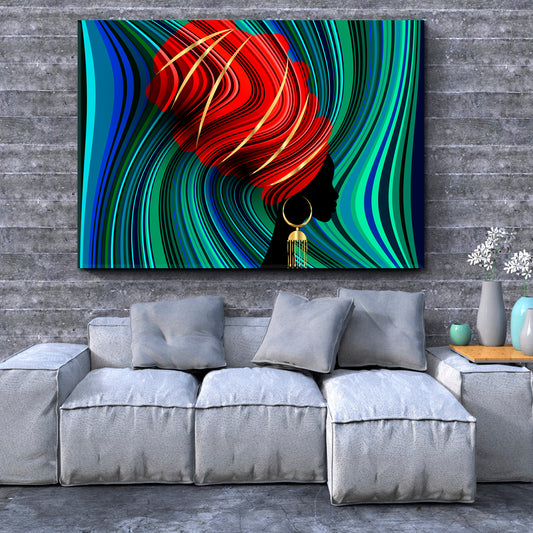 Traditional Afro Woman Silhouette Multicolor Turquoise Teal Green Blue Red African Style Canvas Print Artesty 1 panel 24" x 16"