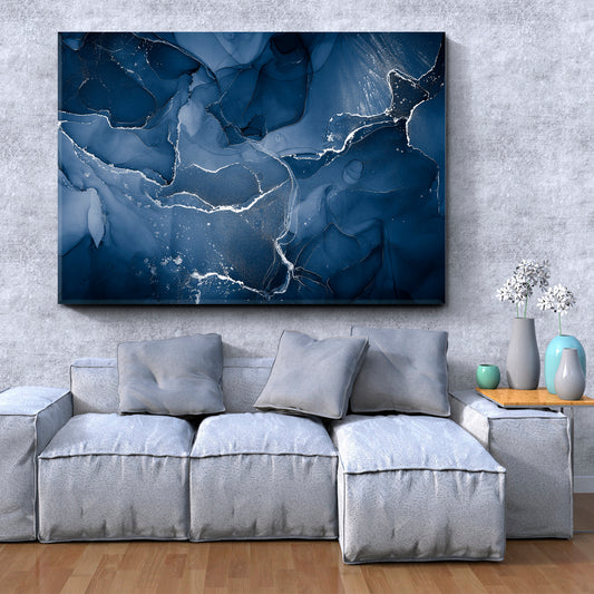 Beautiful Dark Blue Trendy Ink Translucent Marble Veining Powder Fluid Art, Oriental Marbling Canvas Print Artesty 1 panel 24" x 16"