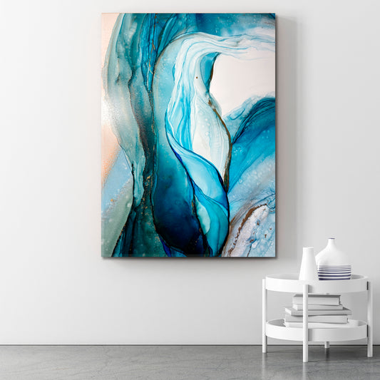 MODERN ART Translucent Blue Green Abstract Veins Alcohol Ink Fluid Art, Oriental Marbling Canvas Print Artesty