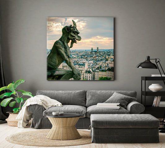 Paris Skyline with the French Gargoyle Photo Art Canvas Print | Square Panel Cities Wall Art Artesty