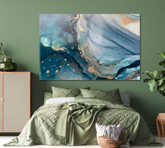 STREAKS STAINS Light Dark Blue Liquid Acrylic Fluid Art Gold Veins Fluid Art, Oriental Marbling Canvas Print Artesty 1 panel 24" x 16"