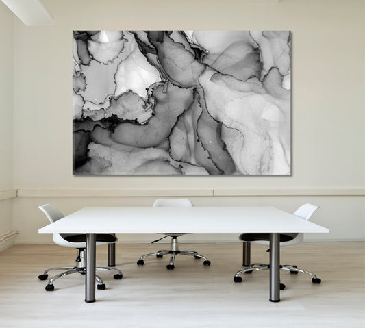 Smoky B & W Alcohol Ink Painting Transparent Marble Artistic Fluid Art, Oriental Marbling Canvas Print Artesty