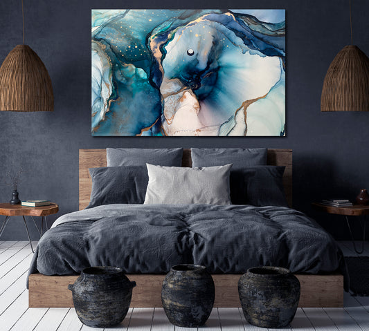 INK PAINTING Blue Transparent Waves Swirls Glowing Golden Veins Fluid Art, Oriental Marbling Canvas Print Artesty