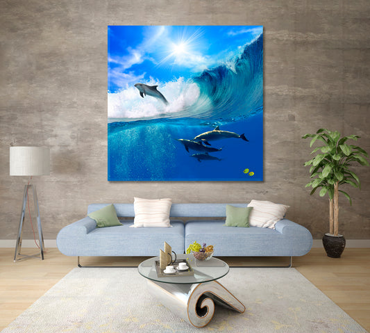 Oceanview | Flock of Playful Dolphins Canvas Print Giclée - Square Panel Nautical, Sea Life Pattern Art Artesty
