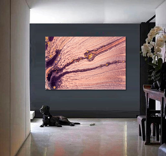 POWDERY PINK CANDY Coral Gold Hues Fashion-rich Marble Pattern Fluid Art, Oriental Marbling Canvas Print Artesty