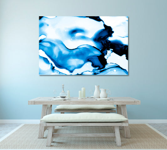 INK IN WATER Marble Abstract Clouds White Navy Blue Cold Colors Fluid Art, Oriental Marbling Canvas Print Artesty