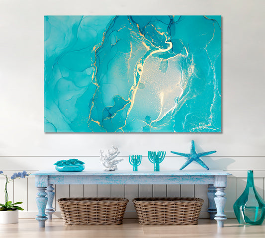 Bright Sky Blue Abstract Marble Veines Fluid Art, Oriental Marbling Canvas Print Artesty