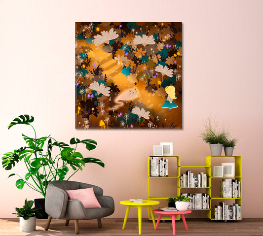 Cheshire Cat Alice in Wonderland Sweet Kids Baby Nursery Wall Art Canvas Print | Square Panel Kids Room Canvas Art Print Artesty