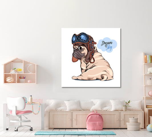 SKY DREAMER Adorable Cute Beige Puppy Pug Pilot Kids - S Animals Canvas Print Artesty