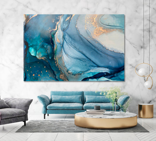 Marble Texture Blue Translucent Flow Ink Malachite Powder Fluid Art, Oriental Marbling Canvas Print Artesty