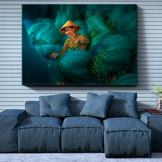 ASIA Fishing Net Repairing Workshop Asian Style Canvas Print Wall Art Artesty 1 panel 24" x 16"