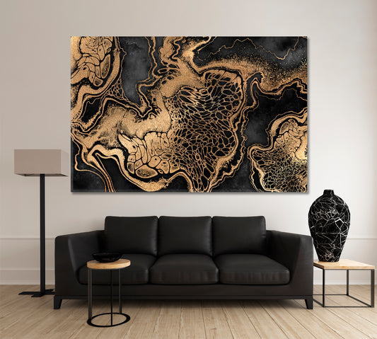 Luxury Black And Gold Abstract Marble With Veins Giclée Print Fluid Art, Oriental Marbling Canvas Print Artesty 1 panel 24" x 16"