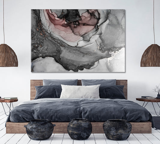 Delicate Pale Contrast Grayscale Alcohol ink Pigment Aquamarine Spots Fluid Art, Oriental Marbling Canvas Print Artesty 1 panel 24" x 16"