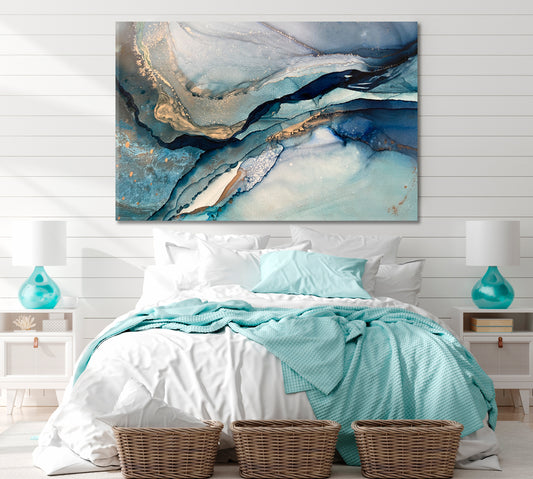 MARBLE VEINING Translucent Blue Meandering Lines Golden Veins Fluid Art, Oriental Marbling Canvas Print Artesty